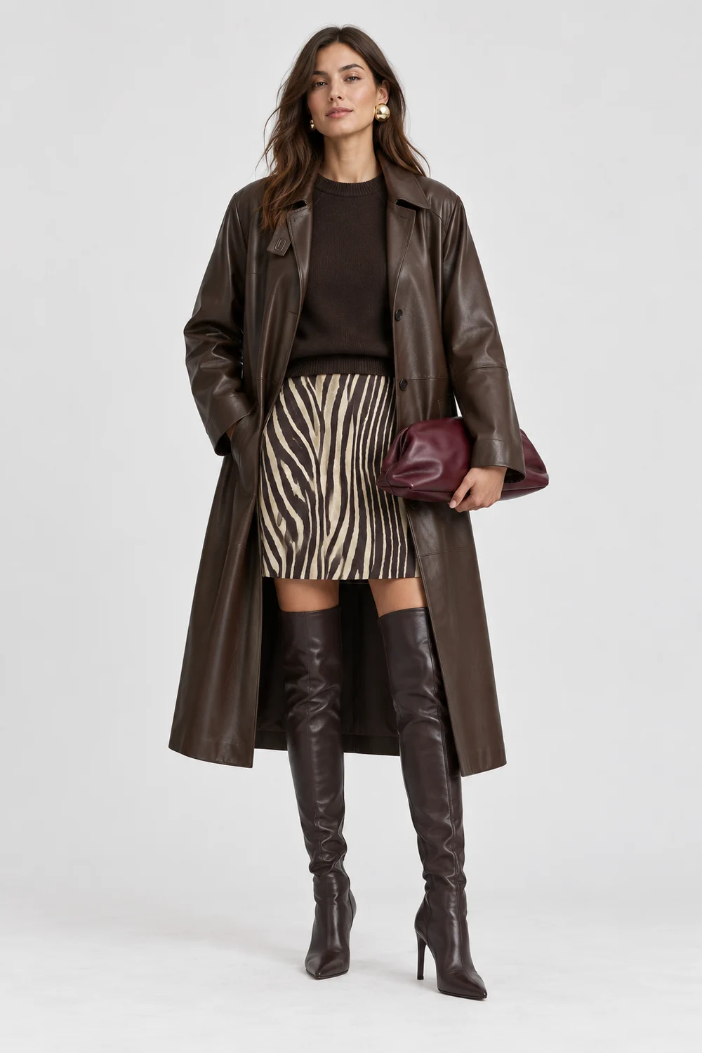 Zebra və bordo model üzərində tam kombin